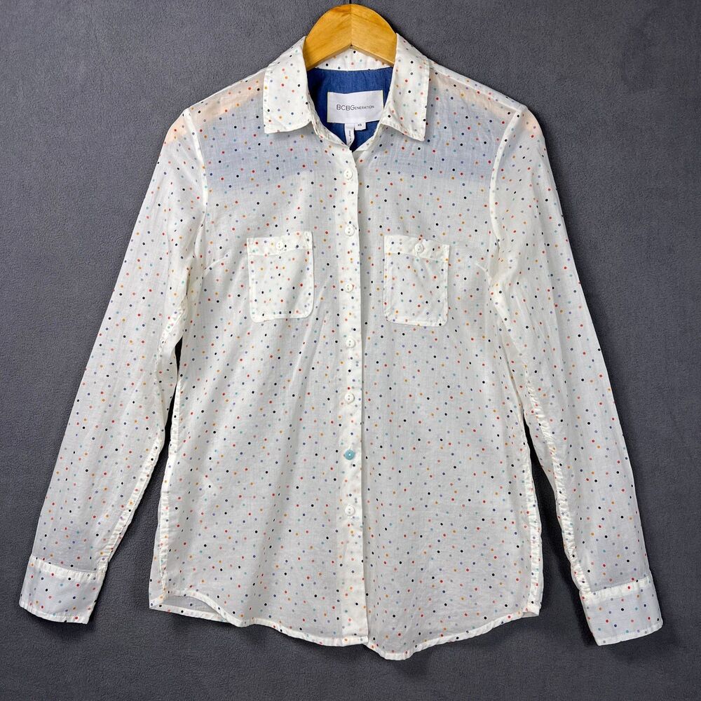 BCBGeneration Polka Dot Button Up Shirt Womens XS Cream Multi Color Long Sleeve